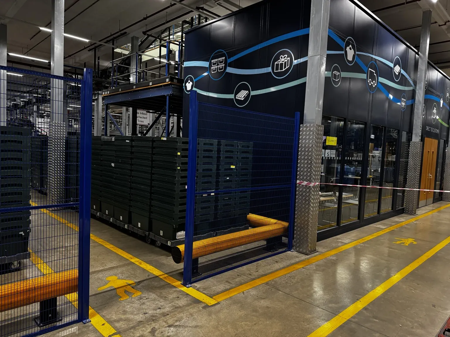 Warehouse storage installation with full-height mesh guarding